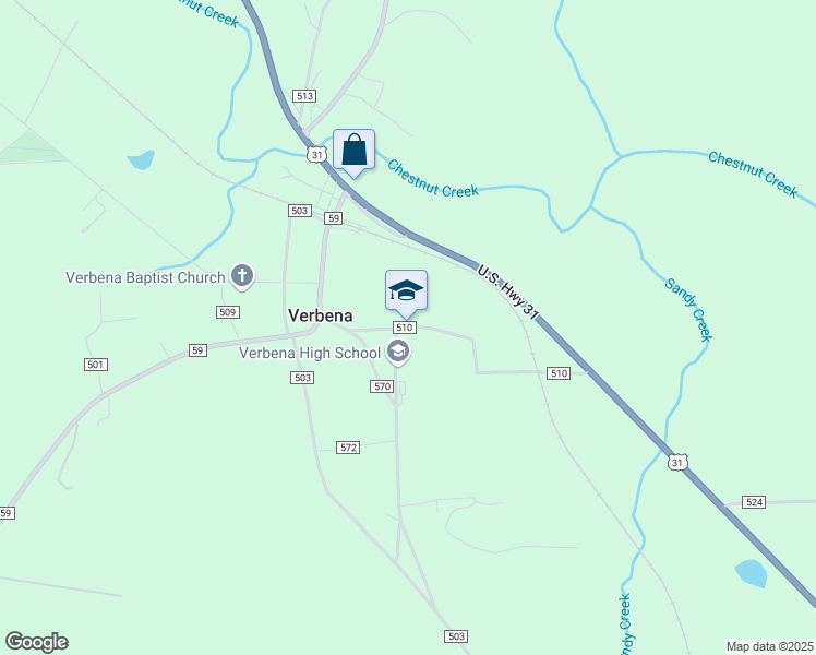 map of restaurants, bars, coffee shops, grocery stores, and more near 202 County Road 510 in Verbena