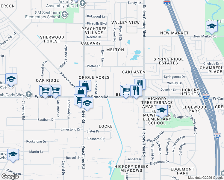 map of restaurants, bars, coffee shops, grocery stores, and more near 1419 Melton Lane in Mesquite