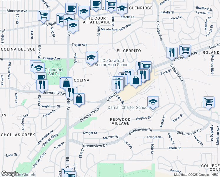 map of restaurants, bars, coffee shops, grocery stores, and more near 4044 58th Street in San Diego