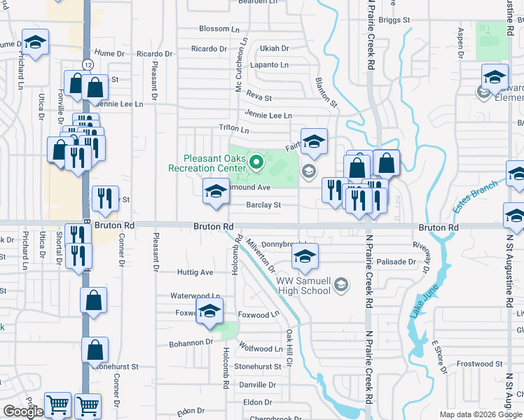 map of restaurants, bars, coffee shops, grocery stores, and more near 8724 Barclay Street in Dallas