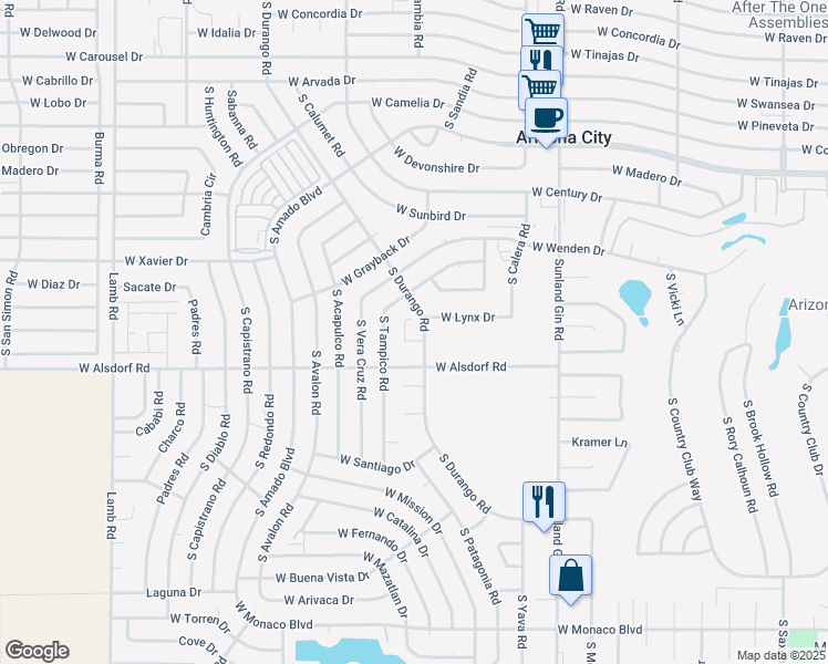 map of restaurants, bars, coffee shops, grocery stores, and more near 14340 South Durango Road in Arizona City
