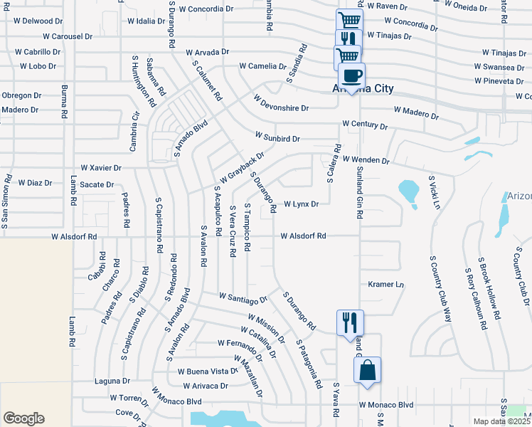 map of restaurants, bars, coffee shops, grocery stores, and more near 14340 South Durango Road in Arizona City