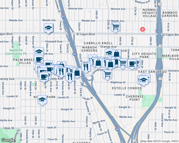 map of restaurants, bars, coffee shops, grocery stores, and more near 3930 Wabash Avenue in San Diego