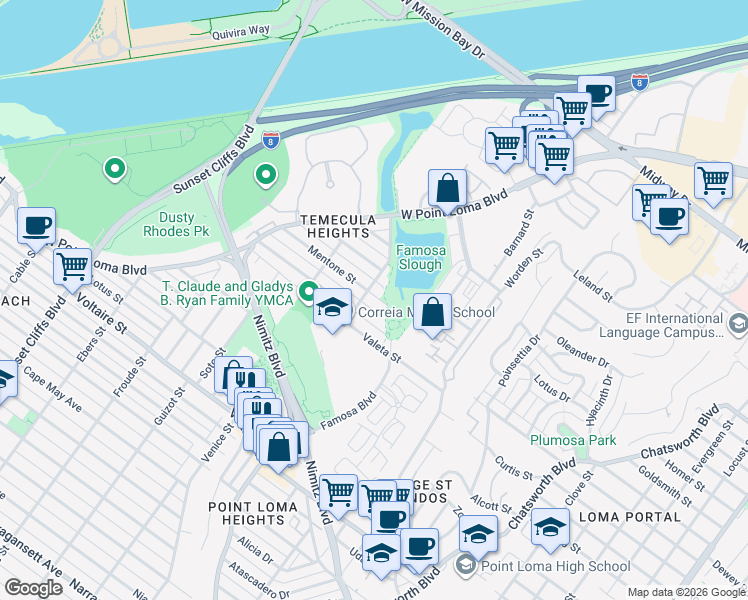 map of restaurants, bars, coffee shops, grocery stores, and more near 4265 Mentone Street in San Diego