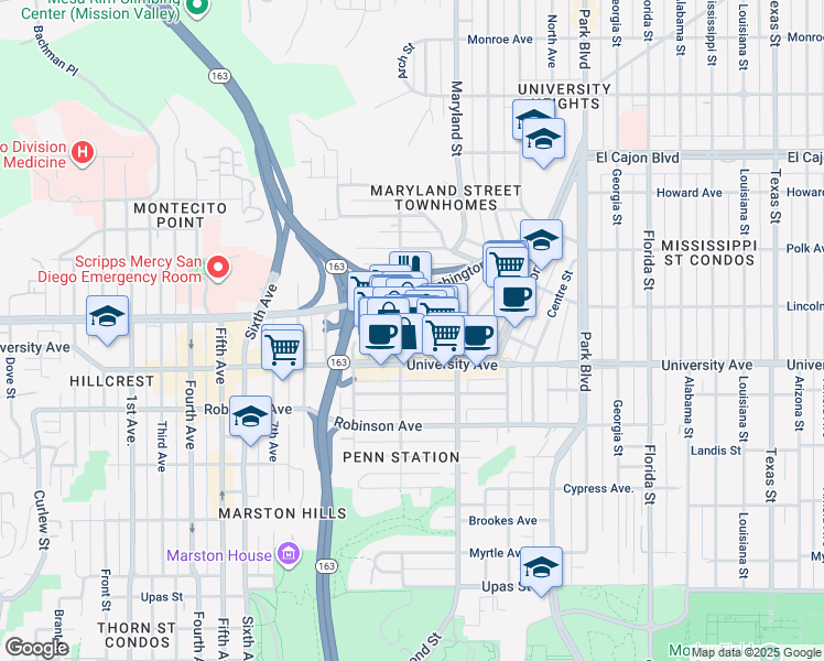 map of restaurants, bars, coffee shops, grocery stores, and more near 1250 Cleveland Avenue in San Diego