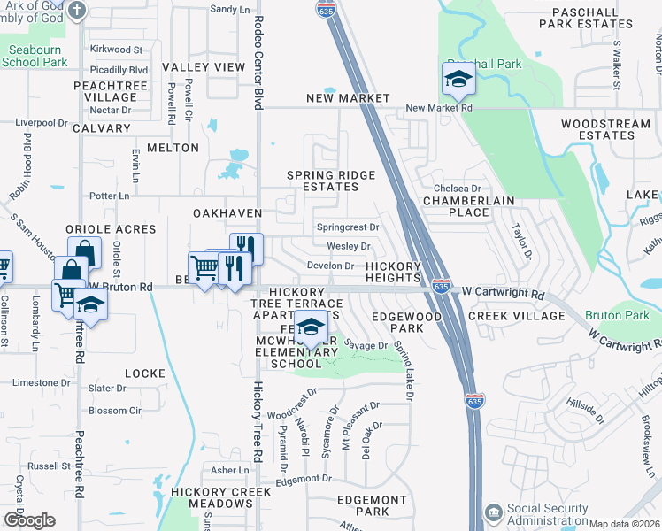 map of restaurants, bars, coffee shops, grocery stores, and more near Spring Ridge Drive in Mesquite