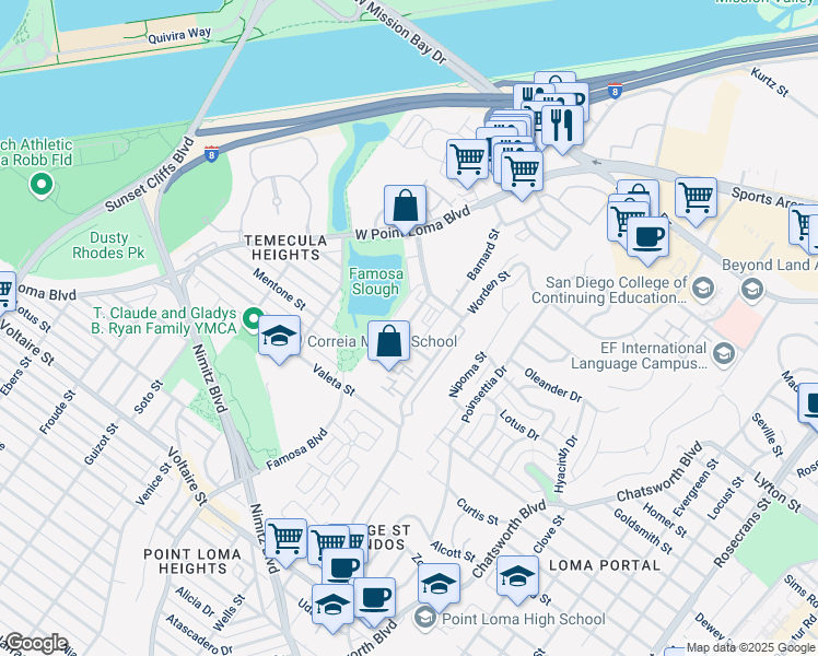 map of restaurants, bars, coffee shops, grocery stores, and more near 2721 Adrian Street in San Diego