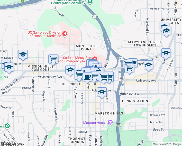 map of restaurants, bars, coffee shops, grocery stores, and more near 3964 Fifth Avenue in San Diego