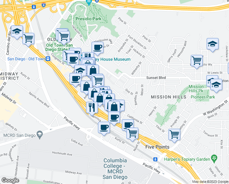 map of restaurants, bars, coffee shops, grocery stores, and more near 2225 Linwood Street in San Diego
