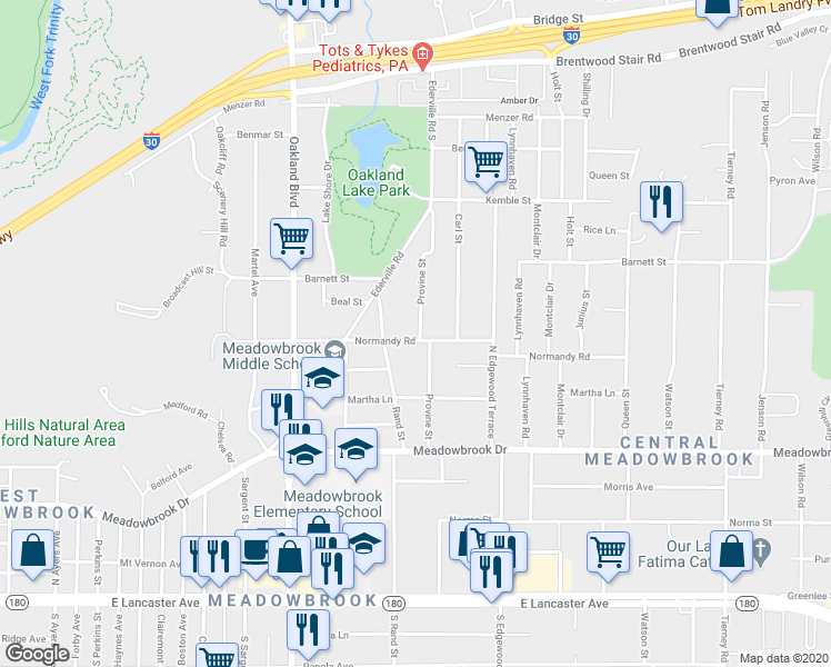 map of restaurants, bars, coffee shops, grocery stores, and more near 4425 Normandy Road in Fort Worth