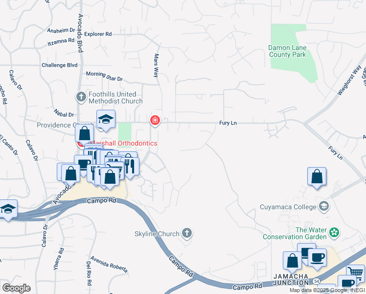 map of restaurants, bars, coffee shops, grocery stores, and more near 3818 Via Escuda in La Mesa
