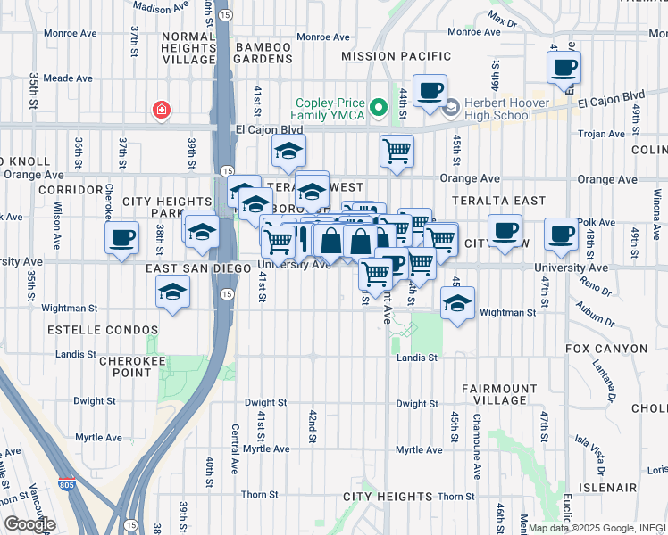map of restaurants, bars, coffee shops, grocery stores, and more near 4241 University Avenue in San Diego