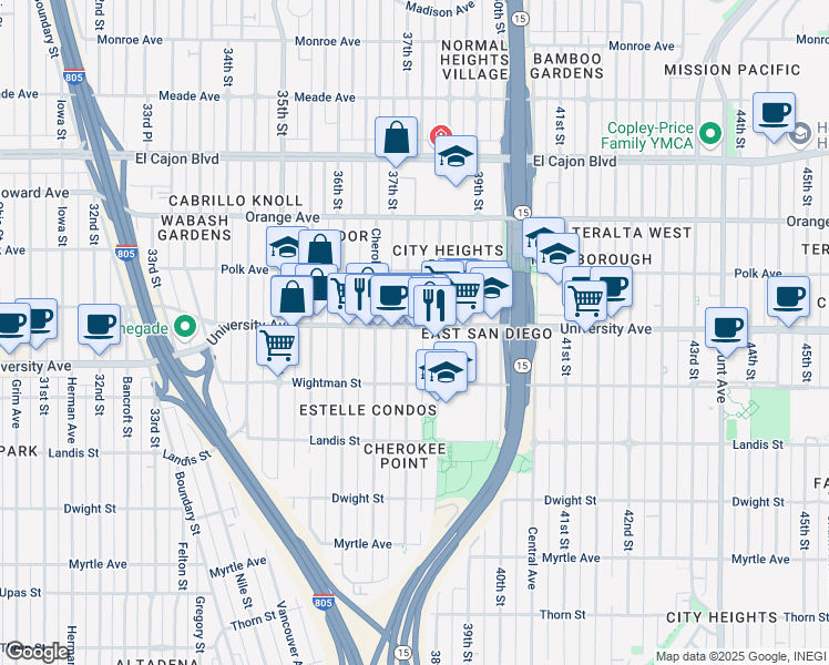 map of restaurants, bars, coffee shops, grocery stores, and more near 3715 University Avenue in San Diego