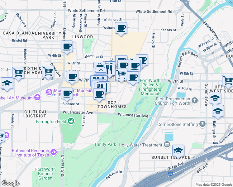 map of restaurants, bars, coffee shops, grocery stores, and more near 2605 Iron Horse Lane in Fort Worth