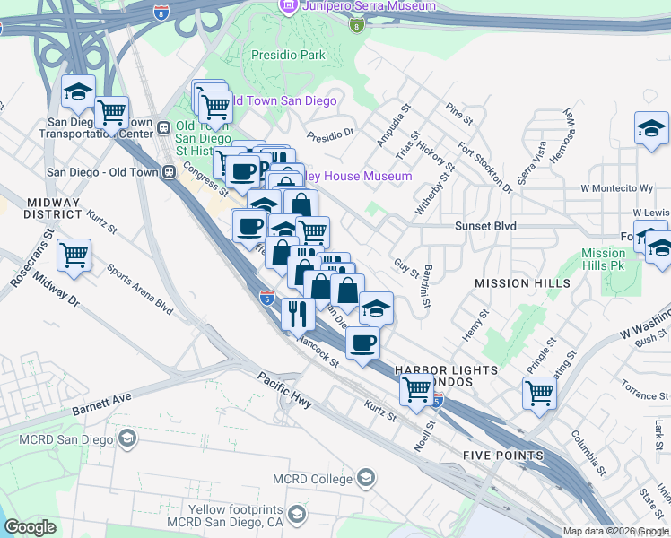 map of restaurants, bars, coffee shops, grocery stores, and more near 2250-2296 Congress Street in San Diego