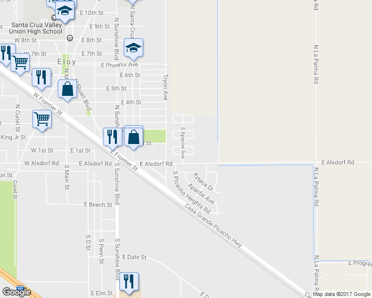 map of restaurants, bars, coffee shops, grocery stores, and more near 634 East Hopi Circle in Eloy