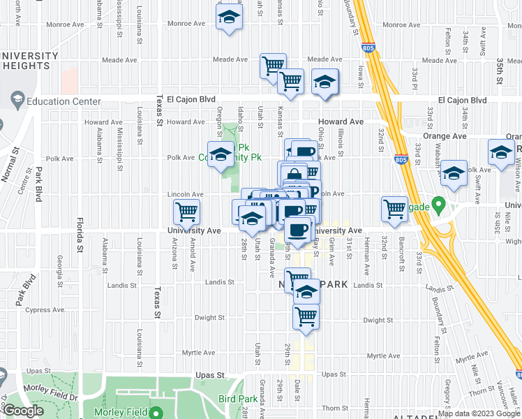 map of restaurants, bars, coffee shops, grocery stores, and more near 3953 Utah Street in San Diego