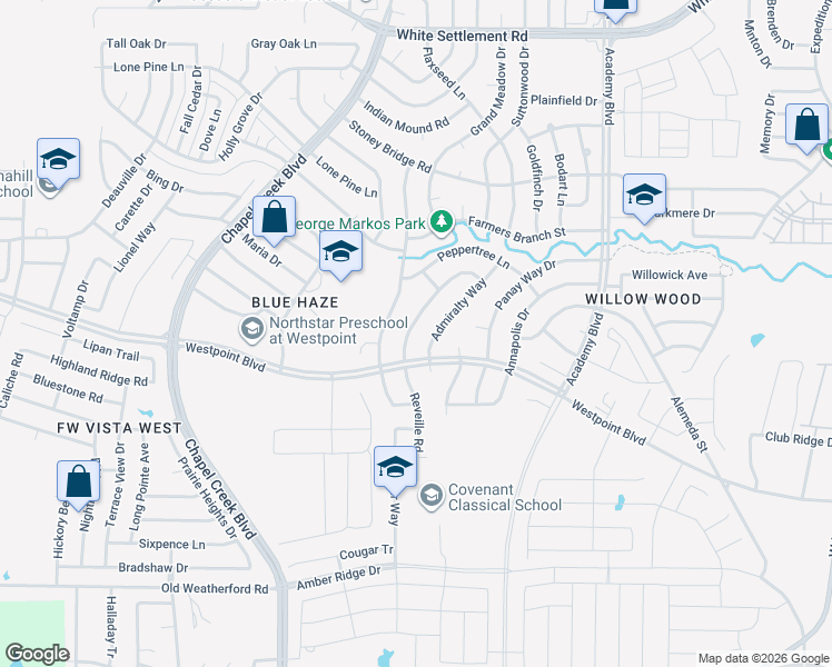 map of restaurants, bars, coffee shops, grocery stores, and more near 733 Reveille Road in Fort Worth