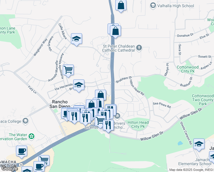 map of restaurants, bars, coffee shops, grocery stores, and more near 1451 Brabham Street in El Cajon