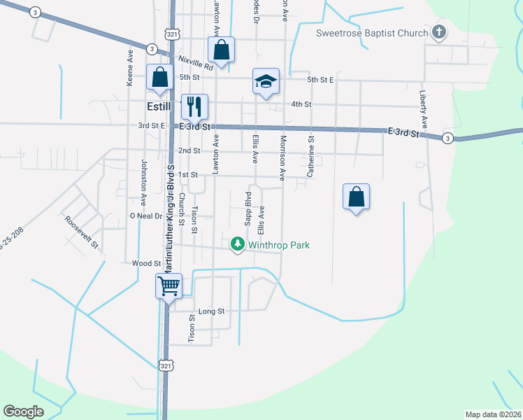 map of restaurants, bars, coffee shops, grocery stores, and more near 390 Ellis Avenue in Estill