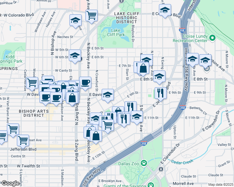 map of restaurants, bars, coffee shops, grocery stores, and more near 225 North Denver Street in Dallas