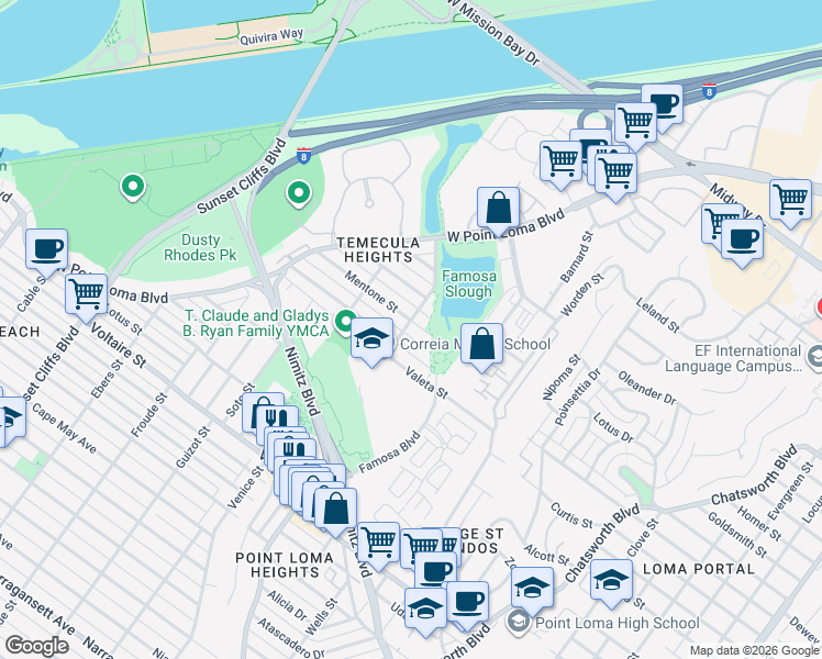 map of restaurants, bars, coffee shops, grocery stores, and more near 2616 Camulos Street in San Diego