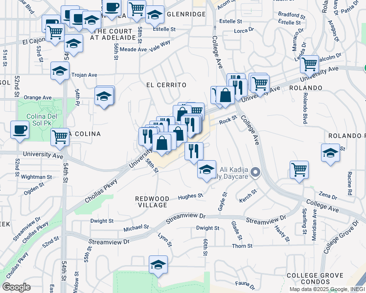 map of restaurants, bars, coffee shops, grocery stores, and more near 5931 University Avenue in San Diego