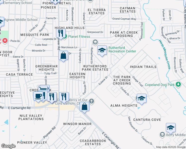 map of restaurants, bars, coffee shops, grocery stores, and more near 1338 Rutherford Drive in Mesquite