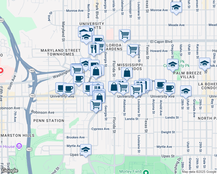 map of restaurants, bars, coffee shops, grocery stores, and more near 3961 Georgia Street in San Diego