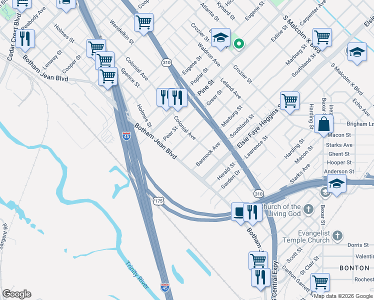 map of restaurants, bars, coffee shops, grocery stores, and more near 1623 Marburg Street in Dallas