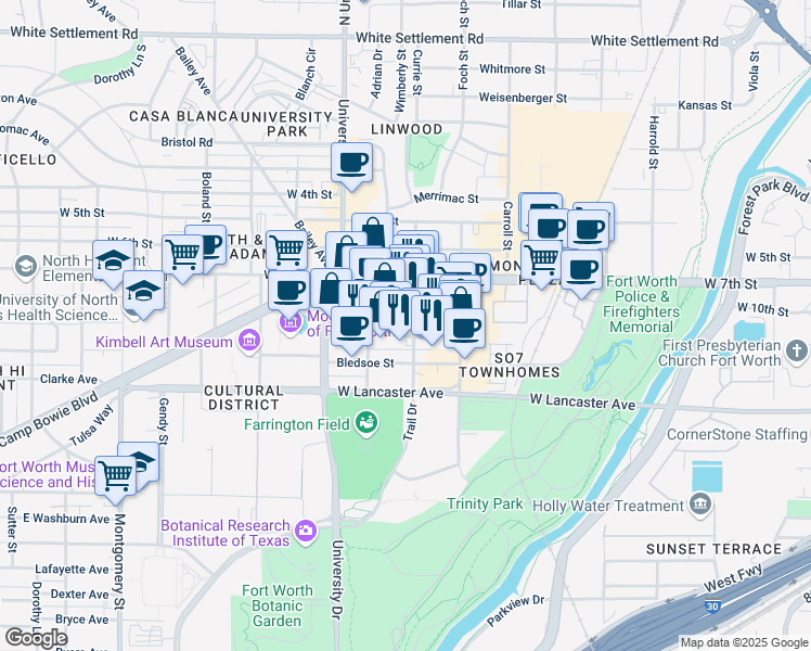 map of restaurants, bars, coffee shops, grocery stores, and more near 908 Currie Street in Fort Worth