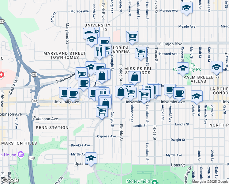 map of restaurants, bars, coffee shops, grocery stores, and more near 3948 Florida Street in San Diego