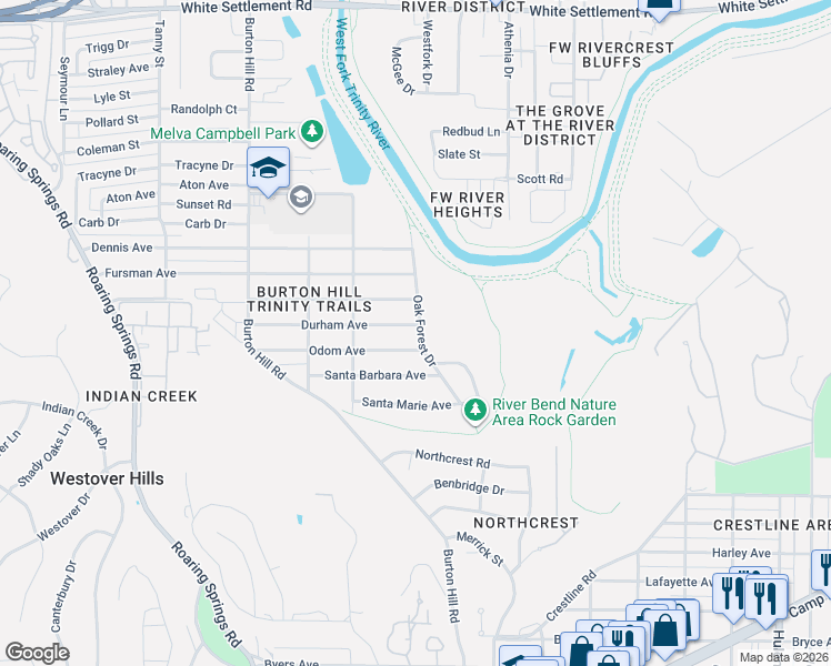map of restaurants, bars, coffee shops, grocery stores, and more near 1005 Oak Forest Drive in Fort Worth