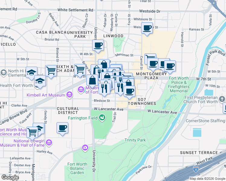 map of restaurants, bars, coffee shops, grocery stores, and more near 908 Currie Street in Fort Worth