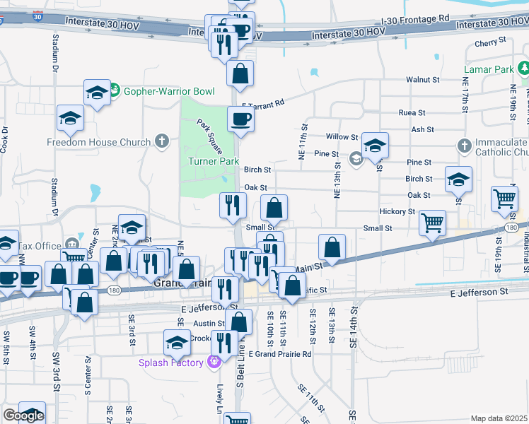 map of restaurants, bars, coffee shops, grocery stores, and more near 914 Small Street in Grand Prairie