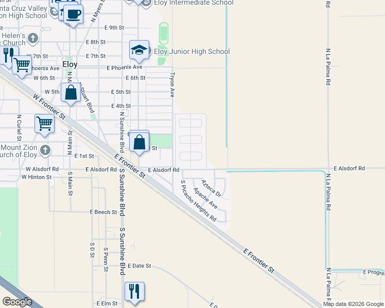 map of restaurants, bars, coffee shops, grocery stores, and more near 634 East Hopi Circle in Eloy