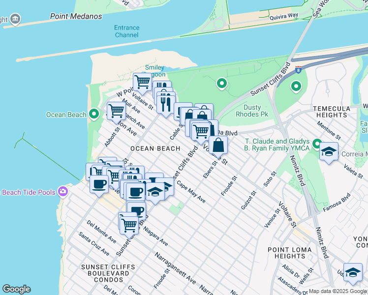 map of restaurants, bars, coffee shops, grocery stores, and more near 4839 Muir Avenue in San Diego