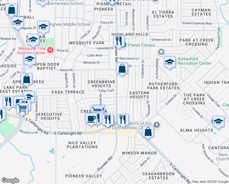 map of restaurants, bars, coffee shops, grocery stores, and more near 1134 Tulip Trail in Mesquite