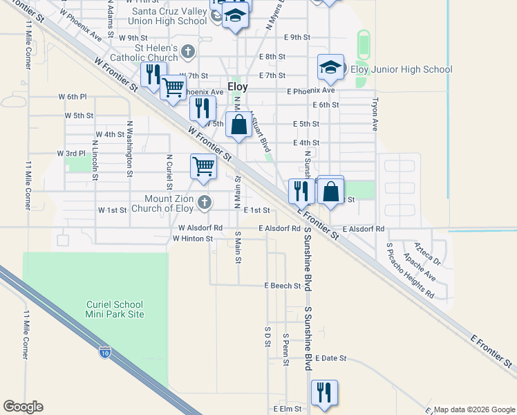 map of restaurants, bars, coffee shops, grocery stores, and more near 114 East 1st Street in Eloy