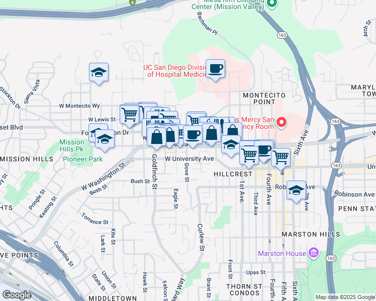 map of restaurants, bars, coffee shops, grocery stores, and more near 515 West Washington Street in San Diego
