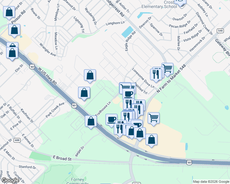 map of restaurants, bars, coffee shops, grocery stores, and more near 201 wildwood blvd in Forney