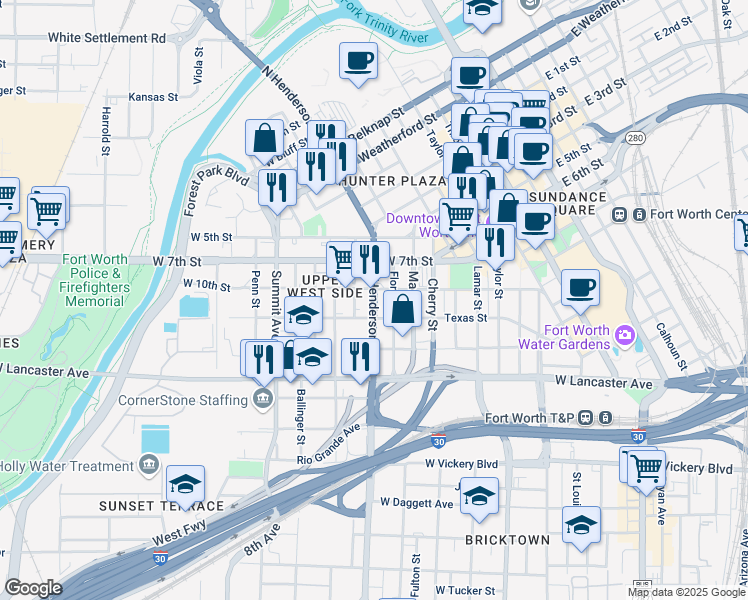 map of restaurants, bars, coffee shops, grocery stores, and more near 916 Henderson Street in Fort Worth
