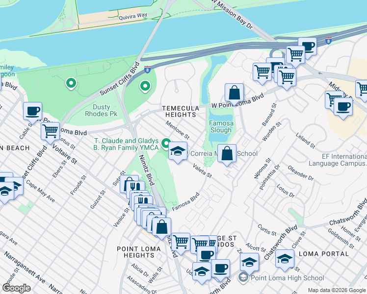 map of restaurants, bars, coffee shops, grocery stores, and more near 2616 Camulos Street in San Diego