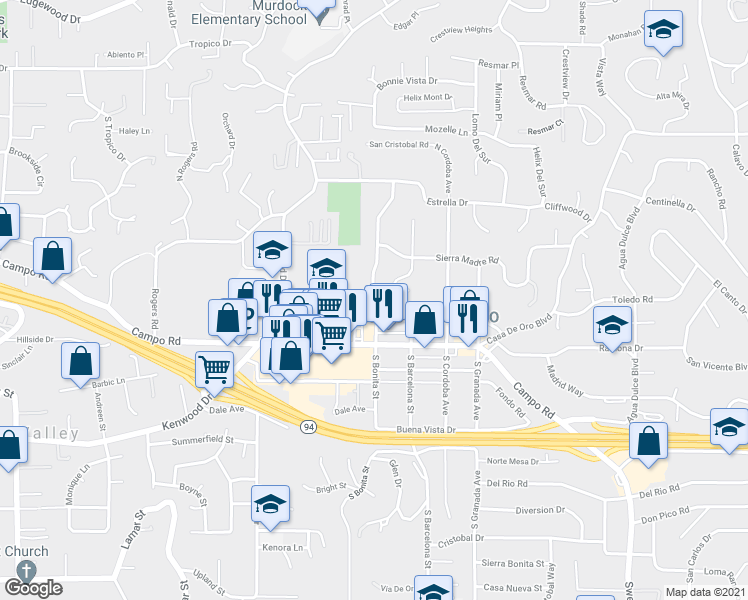 map of restaurants, bars, coffee shops, grocery stores, and more near 3948 North Bonita Street in Spring Valley