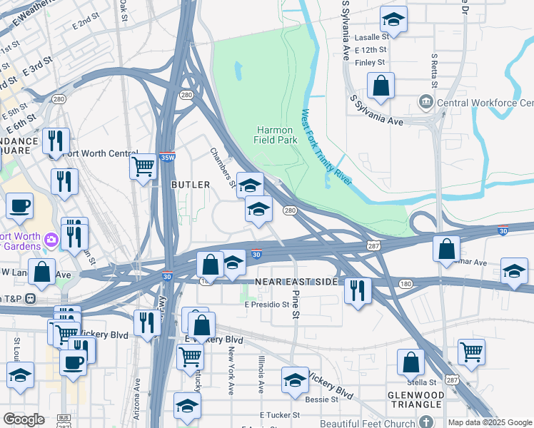 map of restaurants, bars, coffee shops, grocery stores, and more near 1817 I M Terrell Way in Fort Worth