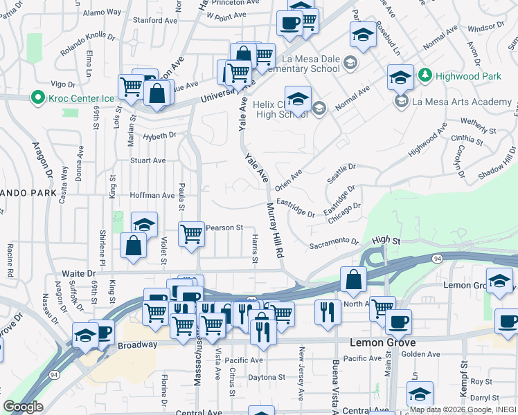 map of restaurants, bars, coffee shops, grocery stores, and more near 3860 Murray Hill Road in La Mesa