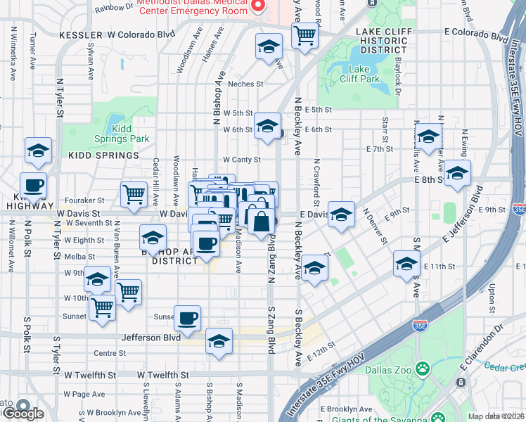 map of restaurants, bars, coffee shops, grocery stores, and more near in Dallas