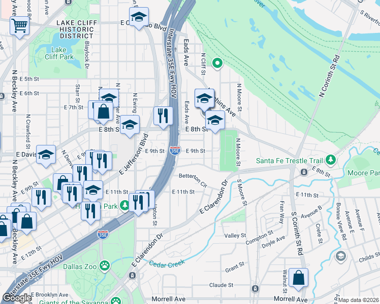 map of restaurants, bars, coffee shops, grocery stores, and more near 1026 East 9th Street in Dallas