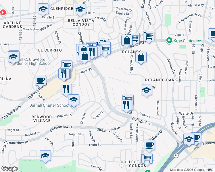 map of restaurants, bars, coffee shops, grocery stores, and more near 3844 Brems Street in San Diego