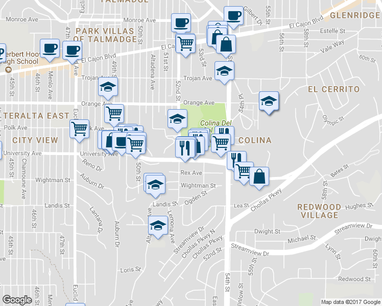 map of restaurants, bars, coffee shops, grocery stores, and more near 5207 52nd Place in San Diego